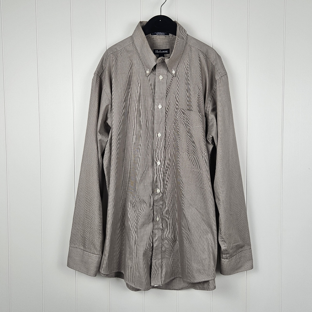 Hathaway Shirt Herringbone Long Sleeve Button Down Brown Mens 17 34 Office